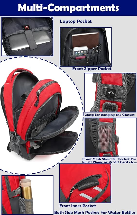 ProEtrade Backpack Bookbag for College Laptop Travel, Fit Laptop Up to 15.6 inch with USB Charging Port Multi Compartment Anti theft, Gift for Women Men (Red)