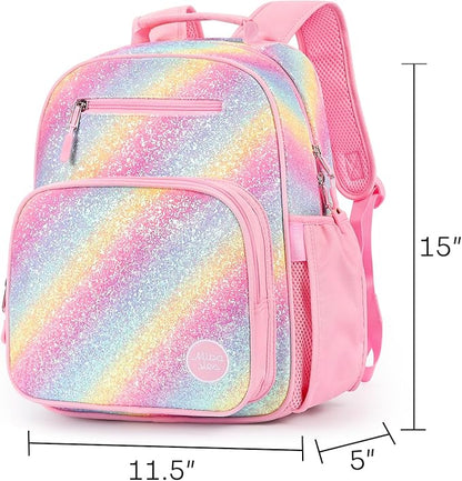 mibasies Girls Backpack 5-8: Glitter Kids Backpacks for Girls - Girl Bookbag for Elementary School - Twill Rainbow Pink