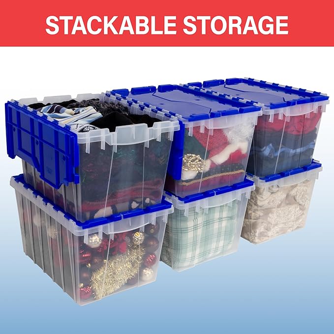 Akro-Mils KeepBox 12 Gallon Storage Container, Nesting and Stackable Plastic Storage Box with Lid Attached, Clear Tote for Garages, Closets, and Moving, 21-1/2" x 15" x 12-1/2", Clear/Red