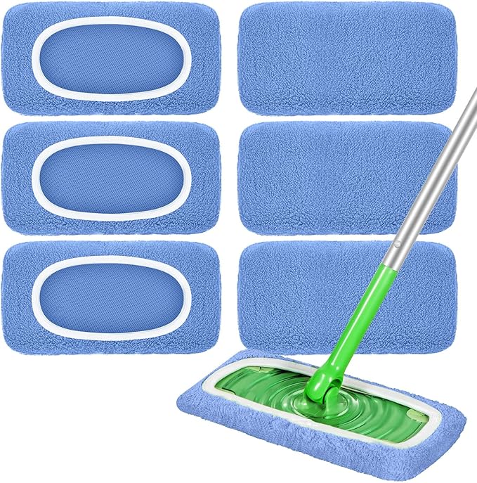 Reusable Mop Pads Compatible with Swiffer Sweeper Mop, Microfiber Dry Sweeping Cloths & Machine Washable Wet Pads Refill for Use on All Sealed Floors - Stone, Hardwood, Laminate & Tile (6 Blue)