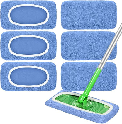 Reusable Mop Pads Compatible with Swiffer Sweeper Mop, Microfiber Dry Sweeping Cloths & Machine Washable Wet Pads Refill for Use on All Sealed Floors - Stone, Hardwood, Laminate & Tile (6 Blue)
