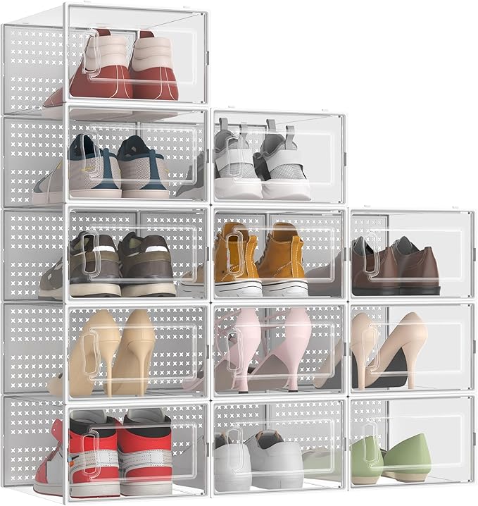 12 Pack XX-Large Modular Clear Plastic Stackable Shoe Storage Organizer for Closet, Space Saving Versatile Sneaker Shoe Rack Containers Bins Holders, Portable Closet Organizers and Storage, White