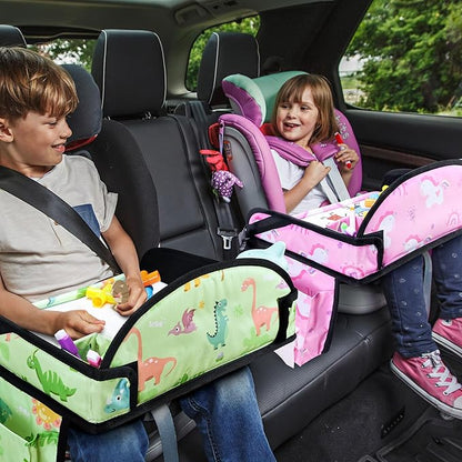 2PCS Kids Travel Tray, Car Seat Tray for kids Travel, Toddler Road Trip Essentials With Drawing Kit, Toddler Lap Desk Organizer for Car, Carseat Table for Airplane