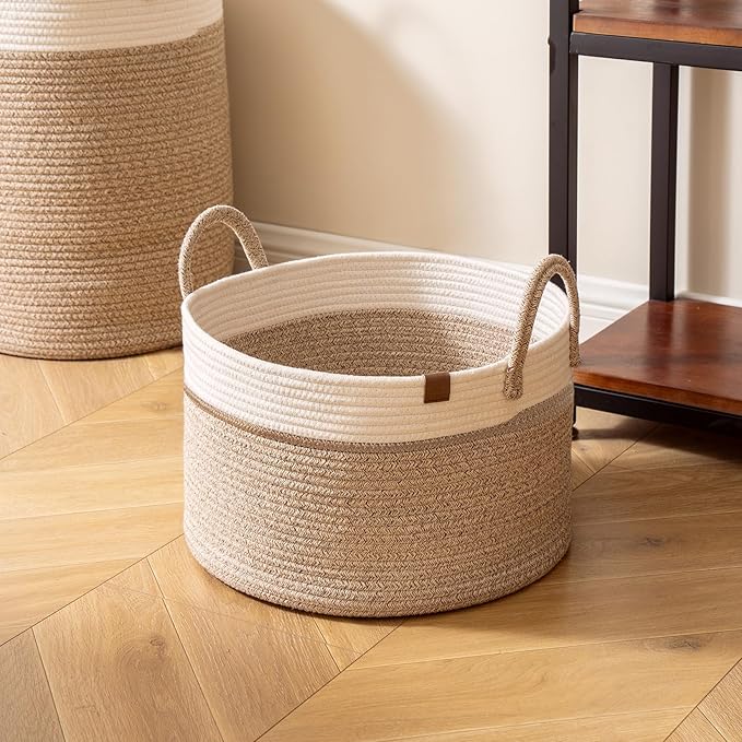 LA JOLIE MUSE Woven Basket Rope Storage Baskets - Tall Cotton Basket, Laundry Basket for Blanket, Kids Toy, Nursery Clothes Hamper Basket-S