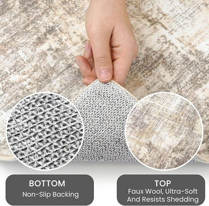 IOHOUZE Round Area Rug 5 Ft Circle Entryway Rugs Round Washable Door Mat Indoor Entrance, Non Slip Circle Front Door Rug, Printed Abstract Faux Wool Floor Carpet for Foyer Porch Sink, Beige Brown