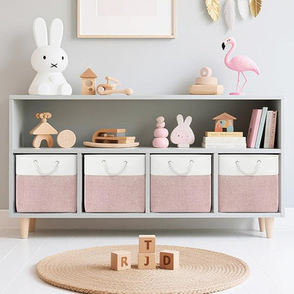 13x13 Inch Cube Storage Bins with Reinforced Bottom Cardboard, 6 Pack Large Collapsible Fabric Storage Cubes with Handles for Shelf, Closet, Toy, Laundry Organization (White&Pink)