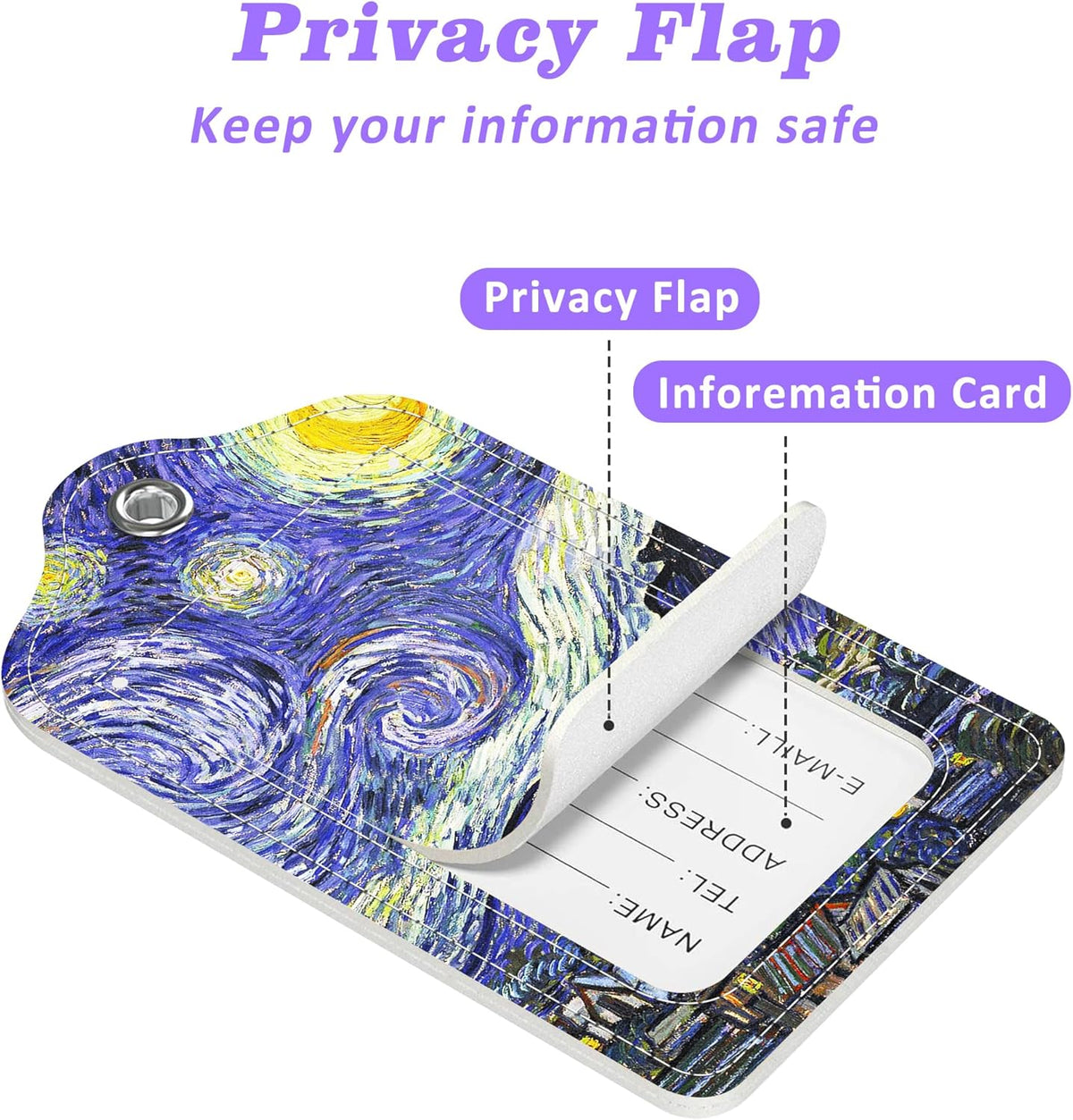2 Pack Luggage Tags for Suitcase The Starry Night Leather Stainless Steel Loop Label Tags for Women Men Travel Bag Suitcase with Privacy Cover Name ID Card