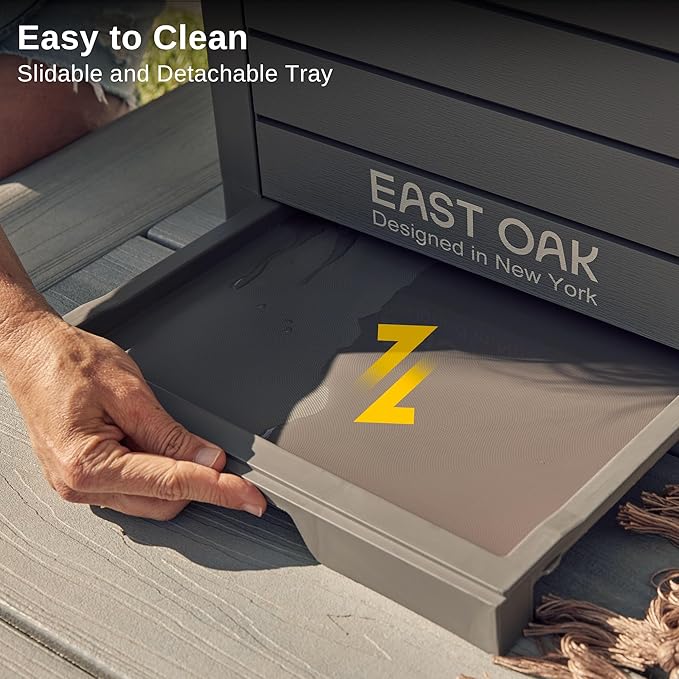 EAST OAK 38 Gallon Outdoor Trash Can | Waterproof Resin Garbage Can with Tiered Lid & Drip Tray | Outside Trash Bin for Patio | Kitchen, Backyard & Deck | Gray Color