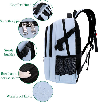 FENGDONG 17.3 inch Large Laptop Backpack Durable Waterproof Travel College Backpack Bookbag for Men & Women Business Backpack with USB Charging Port,Headset Port Light Blue