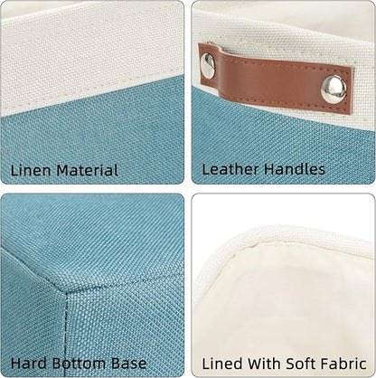 DULLEMELO Fabric Bathroom Storage Bin with Leather Handles, Narrow Organizer for Towels, Toilet Paper Rolls, Storage Basket for Back of Toilet, Vanities, Shelves & Cabinets (White&Teal)