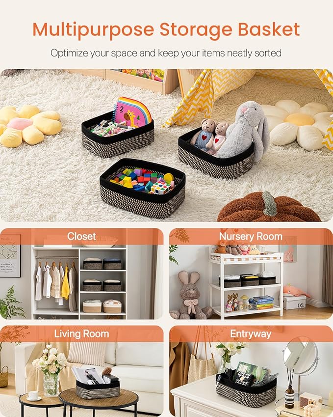 Small Woven Basket, 12 x 8 x 4.5 Inches, Storage Basket for Organizing, Cute Small Rope Shelf Closet Cube Storage Bins Baskets for Shelves, Dog Toy Gift Baskets Empty, 3 Pack Black & Brown