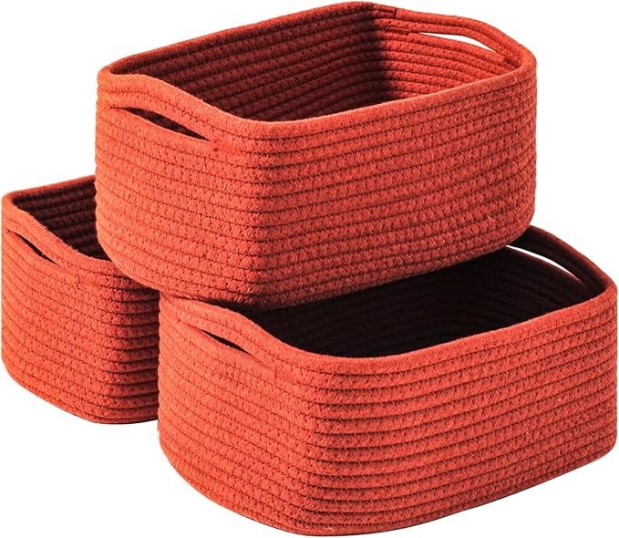 Small Red Woven Baskets for Organizing, Basket for Gifts Empty, Cotton Rope Baskets for Storage, Organizer Bins for Organization, 13"×8.5"×5.1" (3 Packs) Brick Red