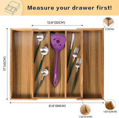 Utoplike Acacia Kitchen Drawer Organizer Expandable, Large Utensils and Cutlery Tray, Adjustable Silverware Divider for Knives Flatware