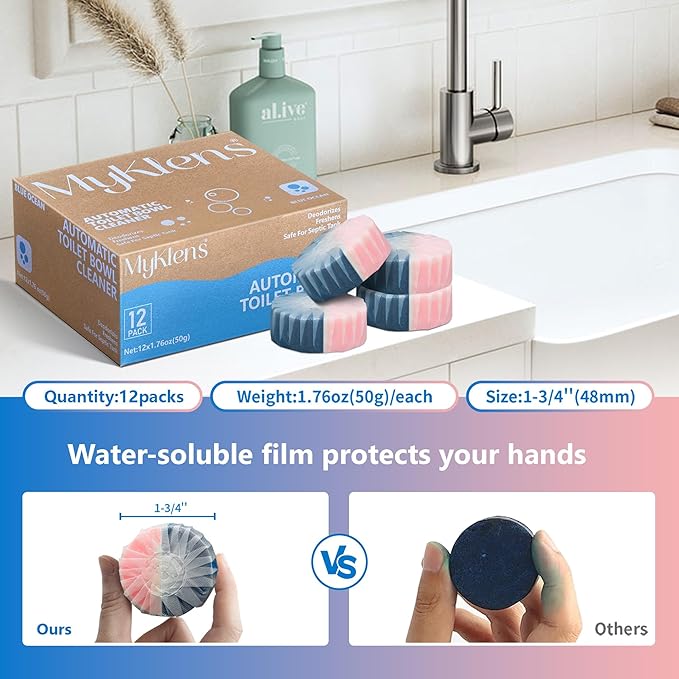 Toilet Bowl Cleaner Tablets, Automatic Toilet Bowl Cleaners, Long-Lasting Toilet Tabs Drop in Tank for Deodorizing & Descaling, Blue & Pink, 12 Packs