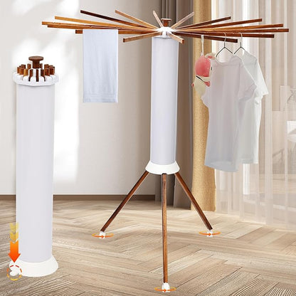 Portable Teak Tripod Clothes Drying Rack, Foldable Space-Saving Design, 16 Waterproof Teak Wood Drying Rods
