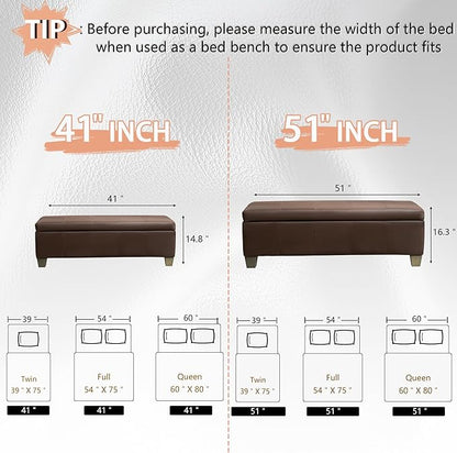 Brown Faux Leather Ottoman with Storage, Rectangular Extra Long Storage Bench for Bedroom and Living Room