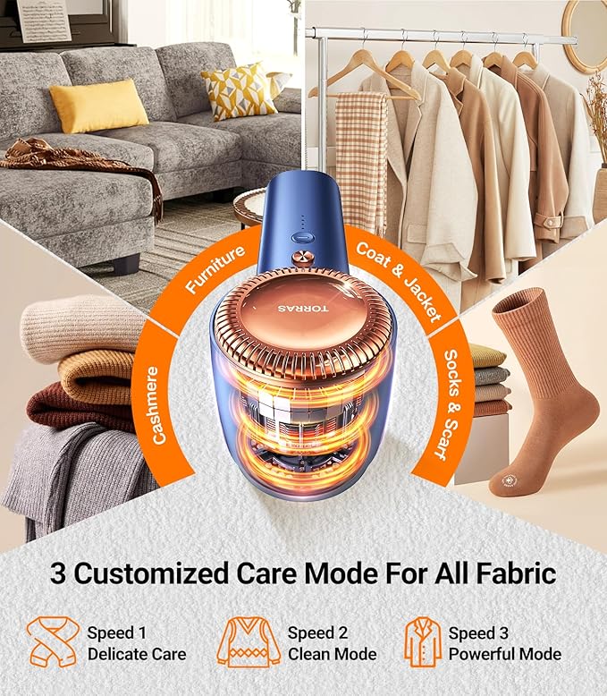 TORRAS Fabric Shaver Lint Remover, Rechargeable Electric 3-Speed Sweater Shaver Remove Fuzz, Pilling for Cashmere, Wool, Coat, Furniture, Clothes depiller with Replacement Blades, Blue