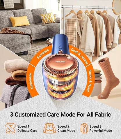 TORRAS Fabric Shaver Lint Remover, Rechargeable Electric 3-Speed Sweater Shaver Remove Fuzz, Pilling for Cashmere, Wool, Coat, Furniture, Clothes depiller with Replacement Blades, Blue