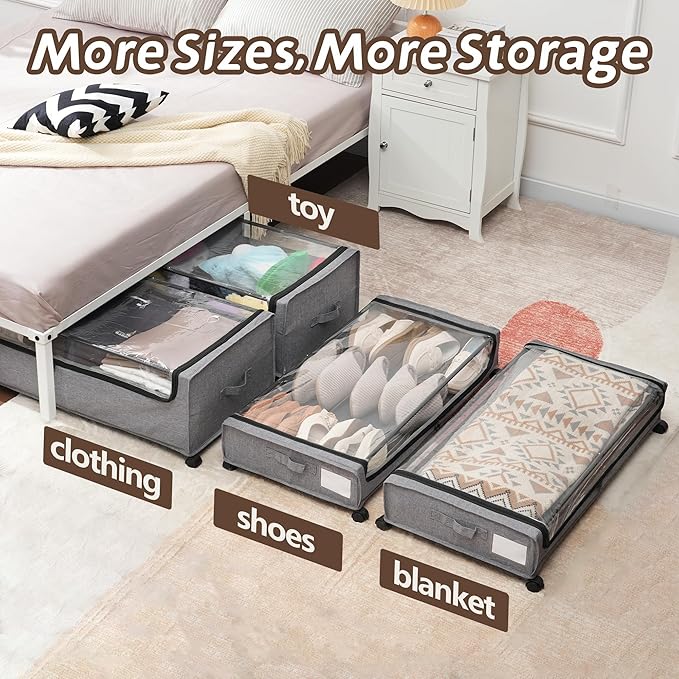 UnderBed Storage Containers, UnderBed Shoe Storage with Wheels, Under Bed Drawers for Clothes Book Blankets, Dorm Bedroom Organizer