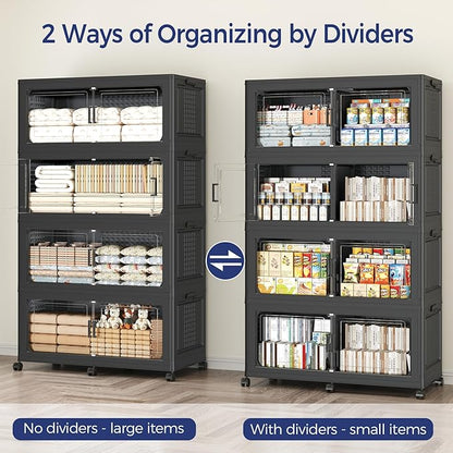 160GAL Storage Bins with Lid and Wheels, Stackable Closet Organizers and Storage Drawer, Collapsible Storage Box with Dividers, Foldable Plastic Cabinets Cubes Totes for Garage, 4 Pack Black