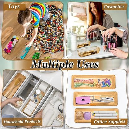 Maitys 12 Pcs Vanity Drawer Organizer 9 x 3 x 2 Inches Clear Plastic Utensil Organizers Kitchen Drawers Dividers for Office Desk Silverware Kitchen Utensils Cosmetics and Bathrooms(Champagne)