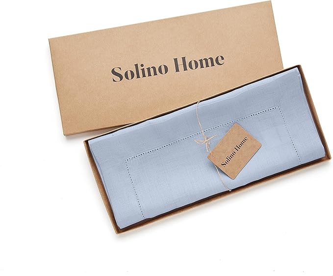 Solino Home Linen Sky Blue Table Runner 132 Inches Long - 100% Pure Linen Extra Long Table Runner 14 x 132 Inch for Christmas, New Year - Classic Hemstitch