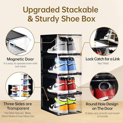10 Pack Shoe Boxes Stackable,Upgraded Sturdy Storage Boxes with Clear Magnetic Door,Multifunctional Sneaker Organizer Fit up to US Size 12 (13.8”x 9.84”x 7.1”)