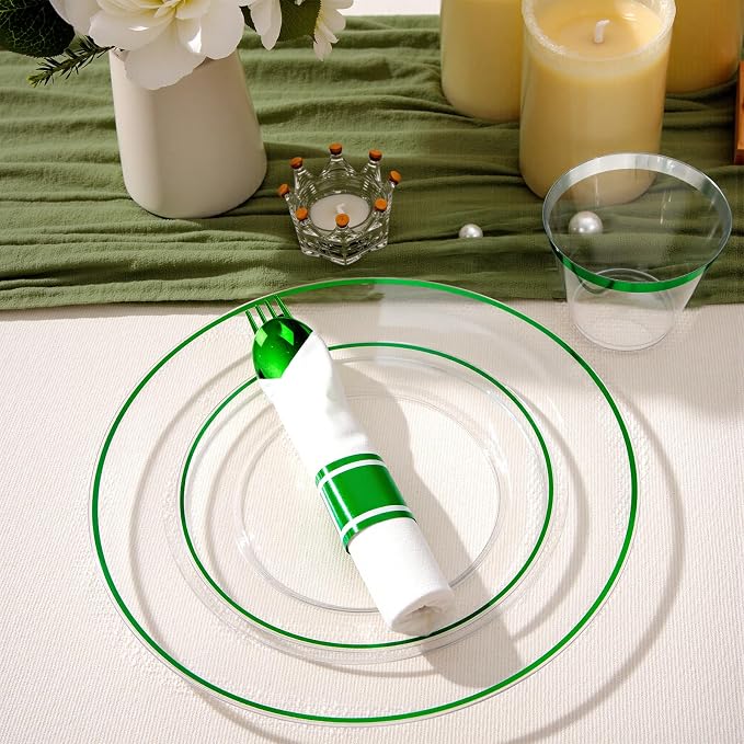 SUT 350 Pcs Green and Clear Plastic Dinnerware Set