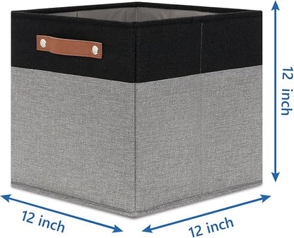 Temary Fabric Cube Storage Bins 12 Inch Decorative Storage Cubes Baskets 4 Pack Foldable Cube Storage Bins for Closet, Shelves (Black&Grey)