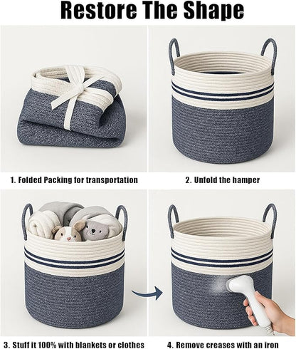 Woven Laundry Basket Hamper,60L Versatile Storage for Blankets,Toys and Clothes,Decorative and Storage for Living Room,Bathroom and Bedroom and Baby Nursery（Large-Blue）