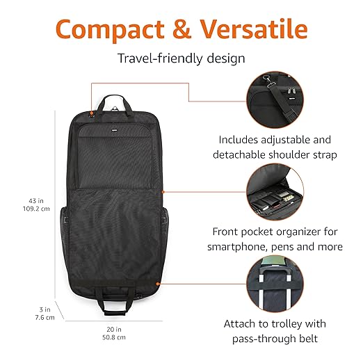 Amazon Basics 43" Premium Garment Bag for Travel, Suit Bag with Shoulder Strap for Suits and Dresses, 1680D Polyester Fabric, Exterior/Interior Pockets, Leather-reinforced Corners, Trifold, Black