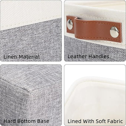 DULLEMELO Fabric Bathroom Storage Bin with Leather Handles, Narrow Organizer for Towels, Toilet Paper Rolls, Storage Basket for Back of Toilet, Vanities, Shelves & Cabinets (White&Gray)
