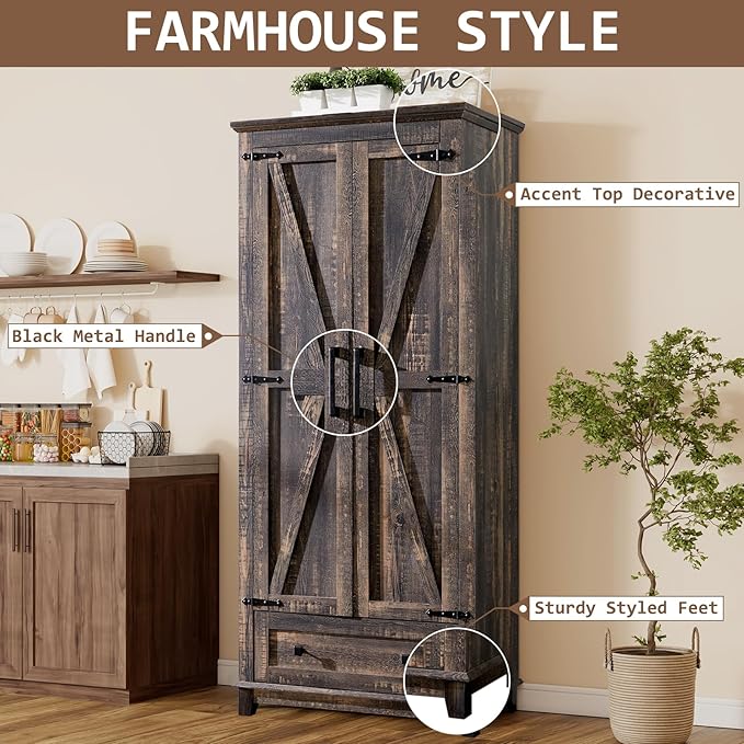 Farmhouse Kitchen Pantry Cabinet, 72" Tall Storage Cabinet with Adjustable Shelves & Barn Doors, Freestanding Kitchen Cupboard for Dining Room, Living Room, Dark Rustic Oak