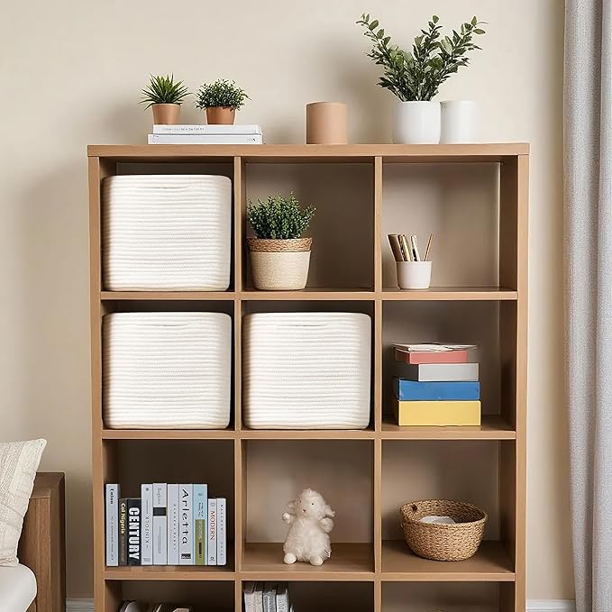 3 Pack Storage Cubes 11 Inch Cotton Rope Woven Baskets for Organizing Cube Bin Square Shelves Organizer,Classroom,Kids Toy Bins,Closet,Baby Nursery(Creamy White)