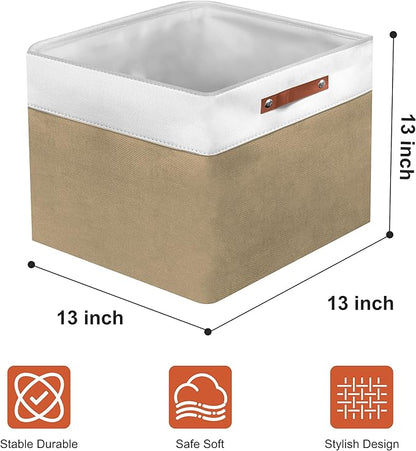13in Open Fabric Storage Basket with Leather Handles for Organizing, Collapsible Linen Closet Bins for Shelves, Closets, Laundry, Decorative Basket for Gifts. (White＆Khaki, 2PCS/13x13in)