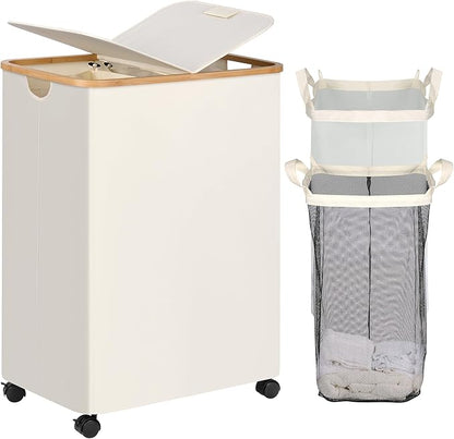 efluky Double Laundry Hamper with Wheels, Divided Laundry Hamper with Removable Bags, 2 Section Dirty Clothes Basket with Handles for Bathroom, Bedroom & Laundry Room, 160L Beige