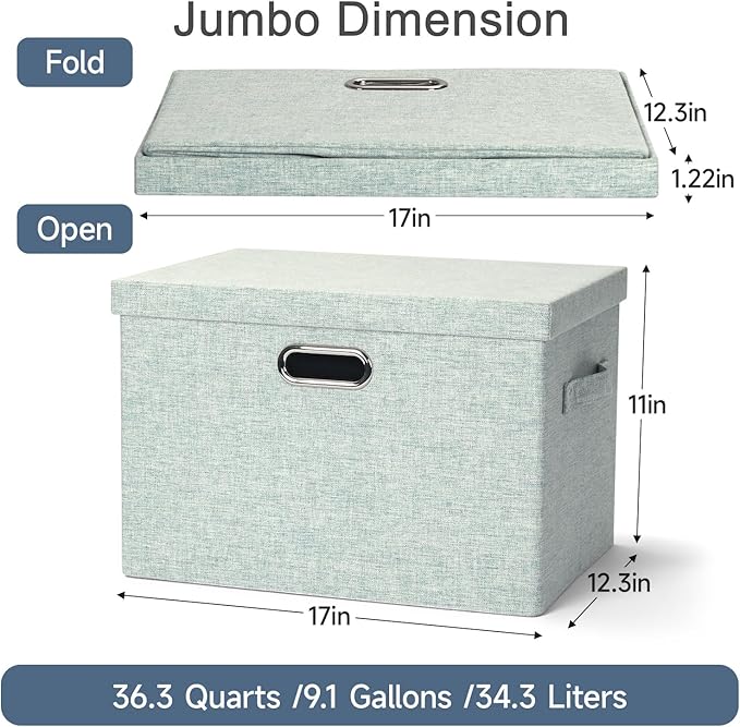 Large 17" 36 Quart Collapsible Stackable Storage Bins with Lids, 3 Packs Light Green Linen Fabric Closet Boxes with Lids, Storage Cube Baskets Container Organizers for Office (17x12x11)