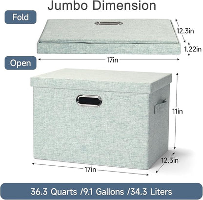 Large 17" 36 Quart Collapsible Stackable Storage Bins with Lids, 3 Packs Light Green Linen Fabric Closet Boxes with Lids, Storage Cube Baskets Container Organizers for Office (17x12x11)