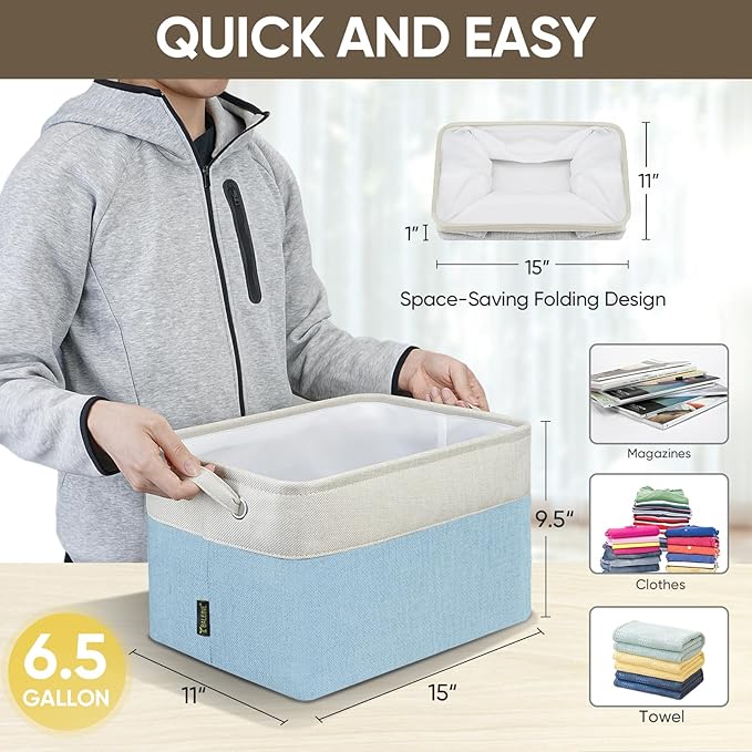 BALEINE 3 Pack Fabric Storage Bins for Shelves, Linen Storage Baskets for Organizing, Decorative Closet Bins for Clothes, Home (Skyblue, 15''x11''x9.5'')