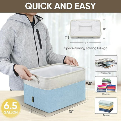 BALEINE 3 Pack Fabric Storage Bins for Shelves, Linen Storage Baskets for Organizing, Decorative Closet Bins for Clothes, Home (Skyblue, 15''x11''x9.5'')