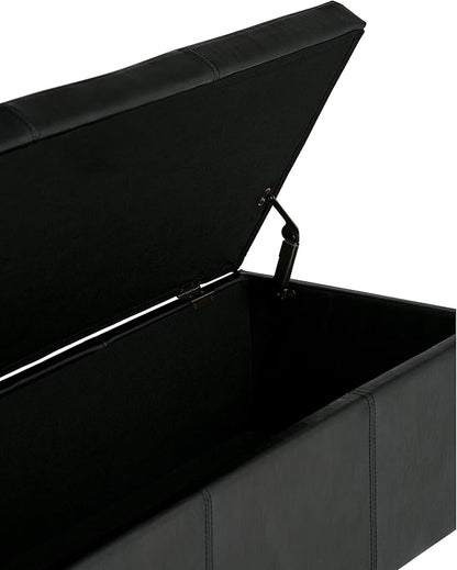 SIMPLIHOME Avalon 48 inch Wide Contemporary Rectangle Storage Ottoman Bench in Midnight Black Vegan Faux Leather, Assembled, for the Living Room, Entryway and Family Room