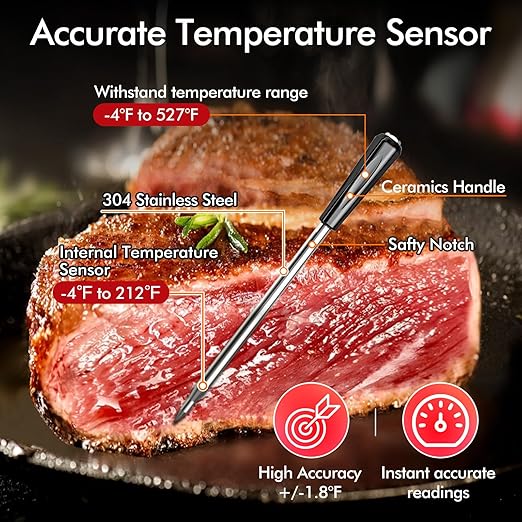 Wireless Smart Bluetooth Meat Thermometer Digital for BBQ, Grill, Oven, Smoker, 500ft Range Cooking Thermometer with Ultra-Thin Wireless Meat Probe, Perfect for Steak, Chicken, Turkey
