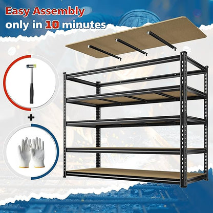 59.8"W Garage Shelving 72"H Storage Shelves 2750LBS Metal Shelving Heavy Duty Garage Shelves Adjustable 5 Tier Metal Shelf for Basement Warehouse Pantry Supermarket 59.8"W x 24"D x 72"H