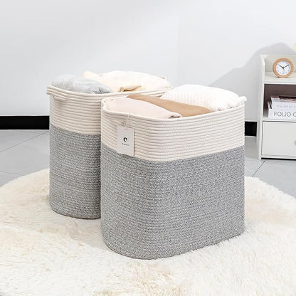 Storage Baskets for Clothes Fabric Cotton Rope Storage Basket with Handles, Decorative Woven Basket for Living Room,Closet Organizer Blankets, and 2bags (Silver Gray, L17.8×W12.5×H17.9)