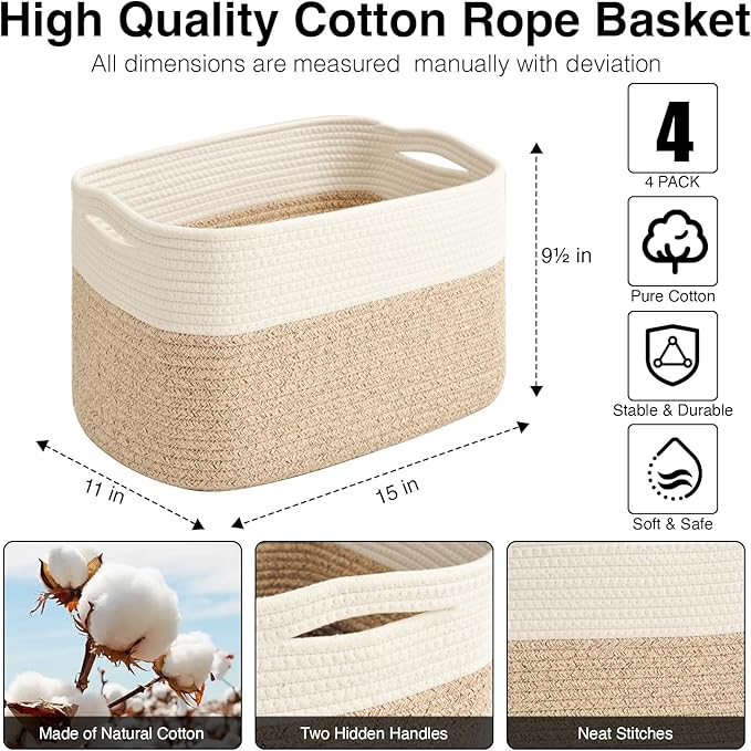 Storage Baskets for Organizing & Shelves, Woven Cotton Rope Organization Bins for Dog Toys, Clothes, Books, Nursery Organizer, 15" Lx11''Wx9.5''H, (4 Packs) Off White & Brown