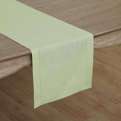 Solino Home Linen Sage Green Table Runner 120 Inches Long - 100% Pure Linen Hemstitch 14 x 120 Inch Table Runner for Dining, Christmas, New Year - Classic Hemstitch