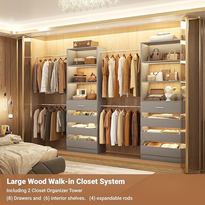 Aheaplus Closet System, 6-15Ft Closet Organizer with 8 Wooden Drawers, Wood Closet Organizer System with Tower, Walk-in Closet Organizer Wardrobe Garment Clothes Rack with 4 Hanging Rods, Grey