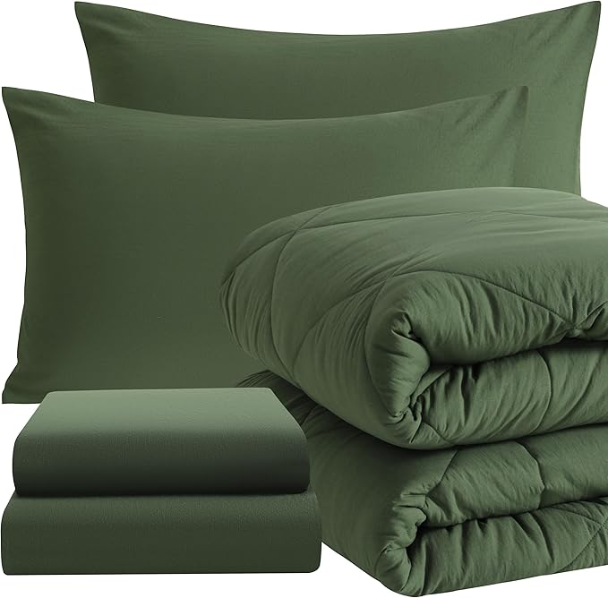 NTBAY Twin Comforter Set with Sheets, 5 Pieces Soft and Breathable Twin Bedding Set, Twin Bed in a Bag, Down Alternative Comforter Set Solid Color All Season, Kids Bedding Set, Olive Green