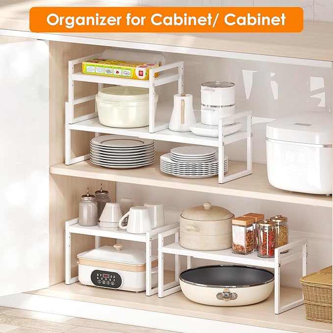 DOLALIKE Expandable Kitchen Countertop Organizer, Stackable Cabinet Shelf Organizers, Space Saving Spice Rack Pantry Storage for Bathroom Office Organization (White, 1-Tier)
