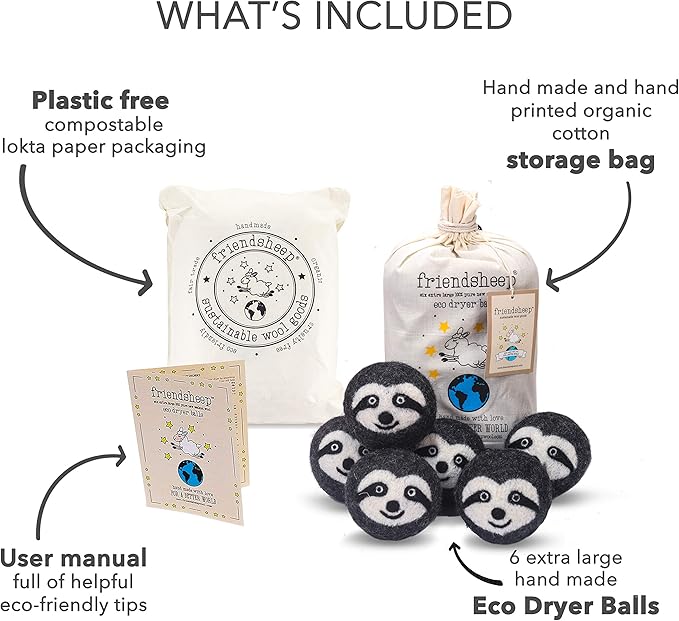 Friendsheep Wool Dryer Balls 6 Pack XL Organic Premium Reusable Cruelty Free Handmade Fair Trade No Lint Fabric Softener Gray Sloth - Sloth Squad